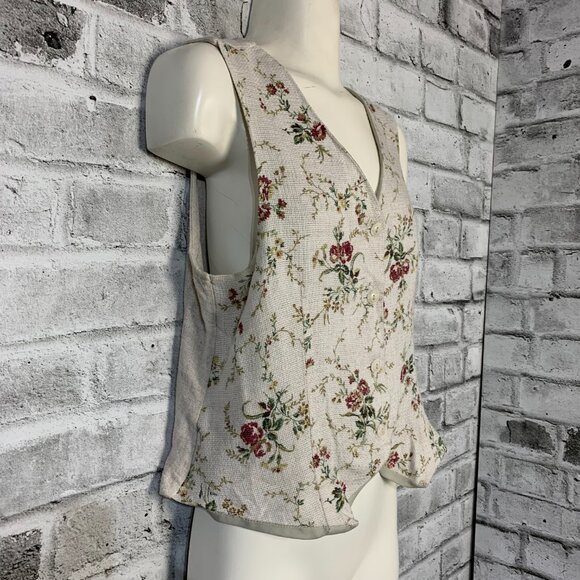 Vintage 90s Vest Medium Cream Linen Flax Rose Floral Button Front Back Tie - Picture 4 of 11